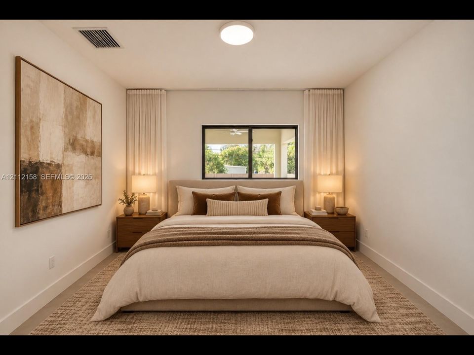 (Digitally staged) Sleek black-framed window brings in natural light, complemented by recessed lighting and soft neutral tones
