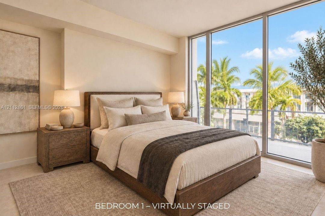 Floor-to-ceiling windows, neutral interior wall palette, and polished stone-finish flooring