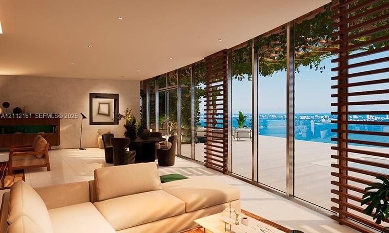 Floor-to-ceiling glass walls, integrated wooden privacy screens, recessed ceiling lighting, light-toned stone flooring, and a wide-span exterior deck