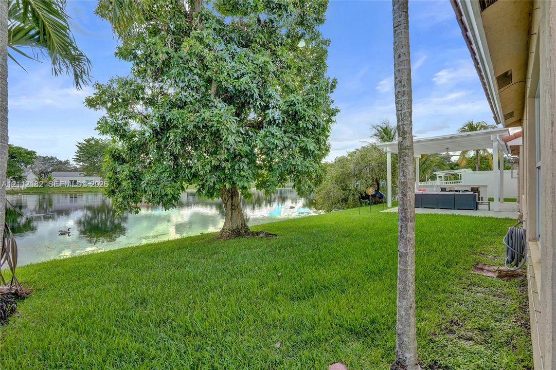 Backyard featuring a concrete patio with a white pergola, waterfront lot with mature trees, and a manicured lawn