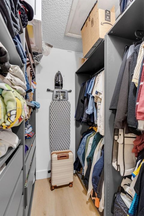 Custom walk-in closet featuring floor-to-ceiling built-in cabinetry, adjustable shelving, integrated hanging rods, and light-toned wood-finish flooring
