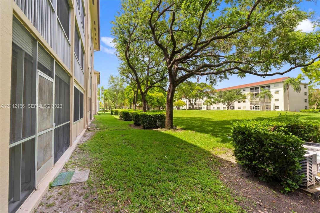 Exterior ground-level screen enclosure with full-length window panes, expansive green space, manicured perimeter hedges, and mature canopy trees