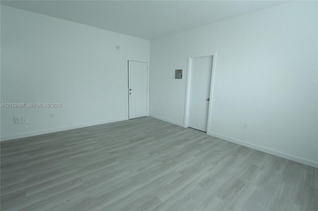 Neutral interior room featuring wood-finish flooring, smooth white wall finishes, and two solid-core doors