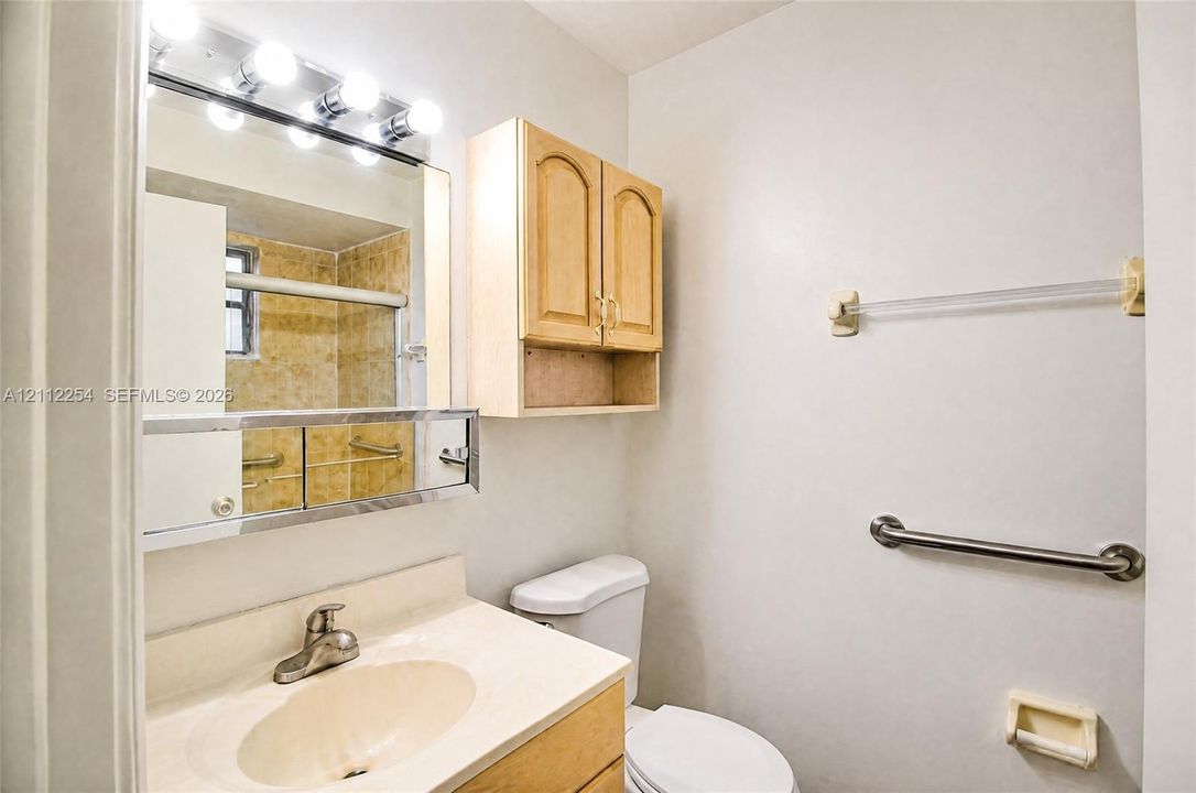 Bathroom featuring a vanity with an integrated basin, wall-mounted wooden cabinetry, a multi-bulb light fixture, a mirrored medicine cabinet, and stainless steel grab bars