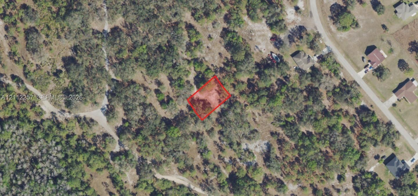 Subject lot (0.22 ac) outlined in red. No constructed road reaches the lot; nearest paved road (Wyandotte Ave) is approx. 360 ft away (straight line). County GIS lines approximate, not a survey.