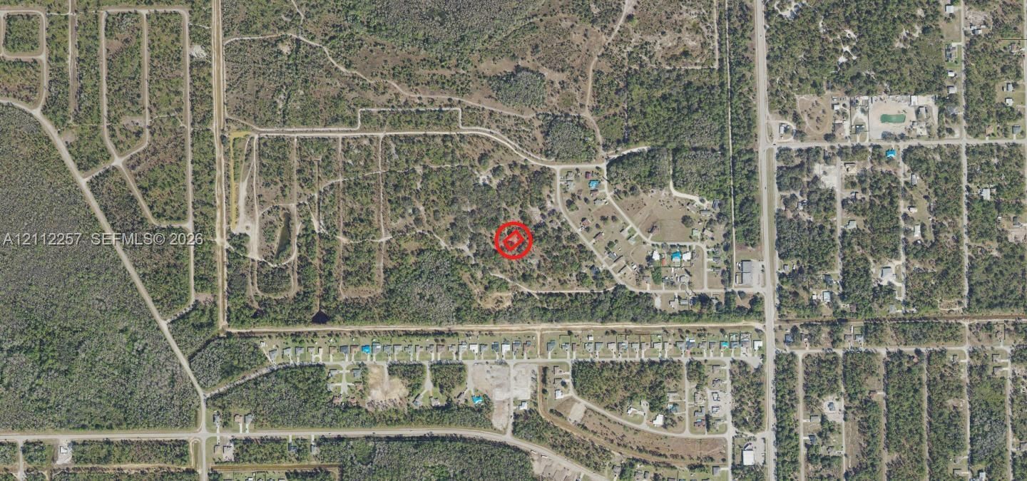 Location: subject lot outlined in red, west of Joel Blvd in the Alva area. County records list the site address as ACCESS UNDETERMINED; no constructed road reaches the lot. Lee County Property Appraiser 2026 aerial; parcel lines approximate.
