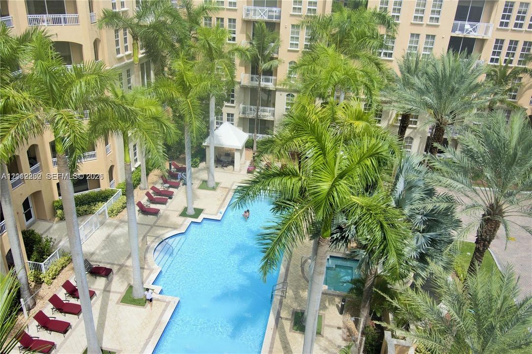 Outdoor swimming pool featuring a geometric design, integrated spa, surrounding stone-finish decking, shaded poolside pavilion, and mature palm landscaping