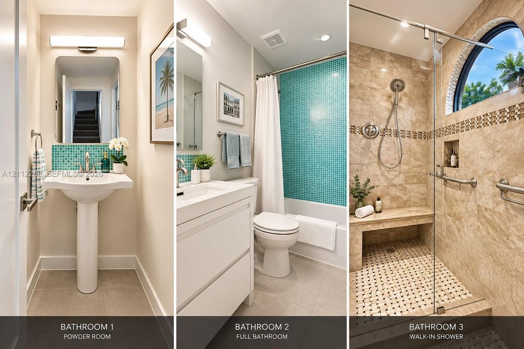 Bathroom ensemble featuring a pedestal sink with teal mosaic tile backsplash, a vanity with a white basin, and a walk-in shower with natural stone tiling, a built-in bench, and an arched window
