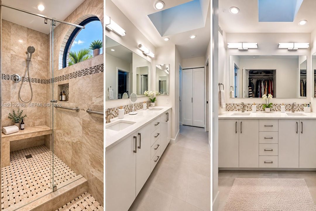 Walk-in shower with natural stone tiling, built-in bench, and arched window; double-vanity cabinetry with white countertops, undermount sinks, and skylight lighting