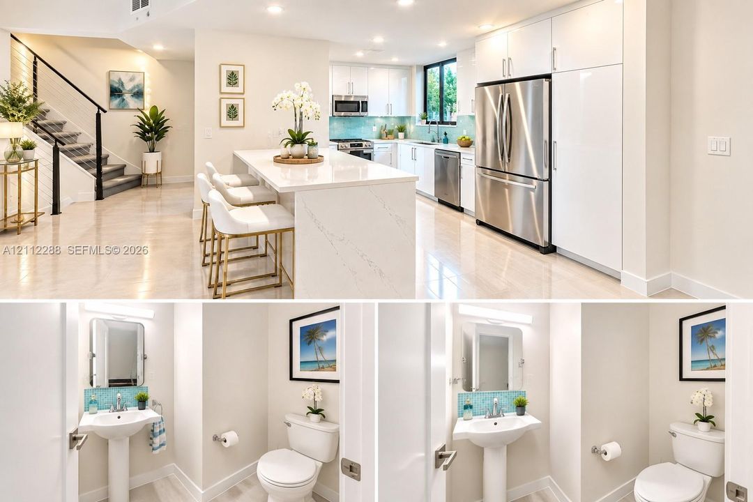 Property Photographic Record. Documenting the interior kitchen configuration and restroom fixtures of the property