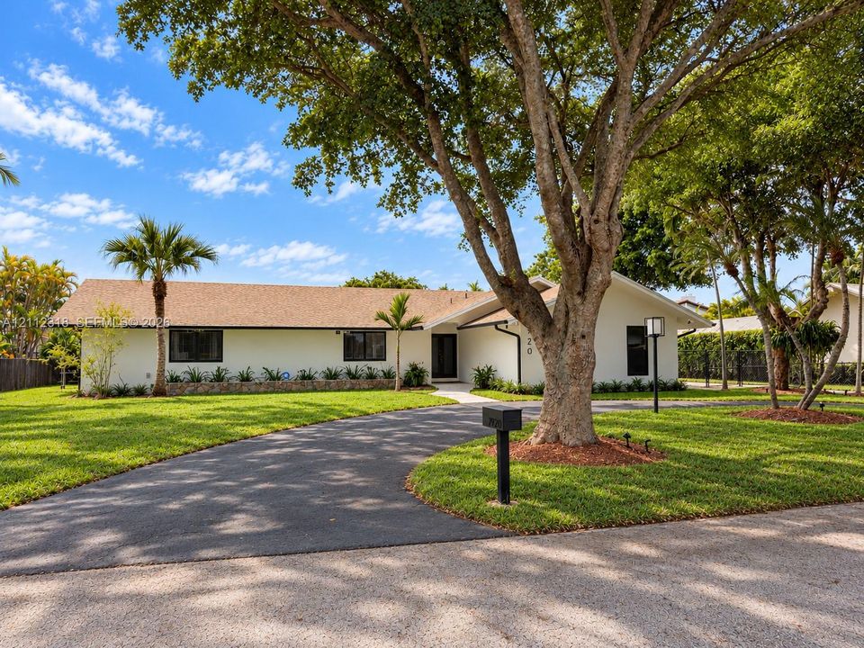 Single-story exterior featuring a light-toned stucco façade, a sprawling front lawn with mature canopy trees, and a curved asphalt driveway