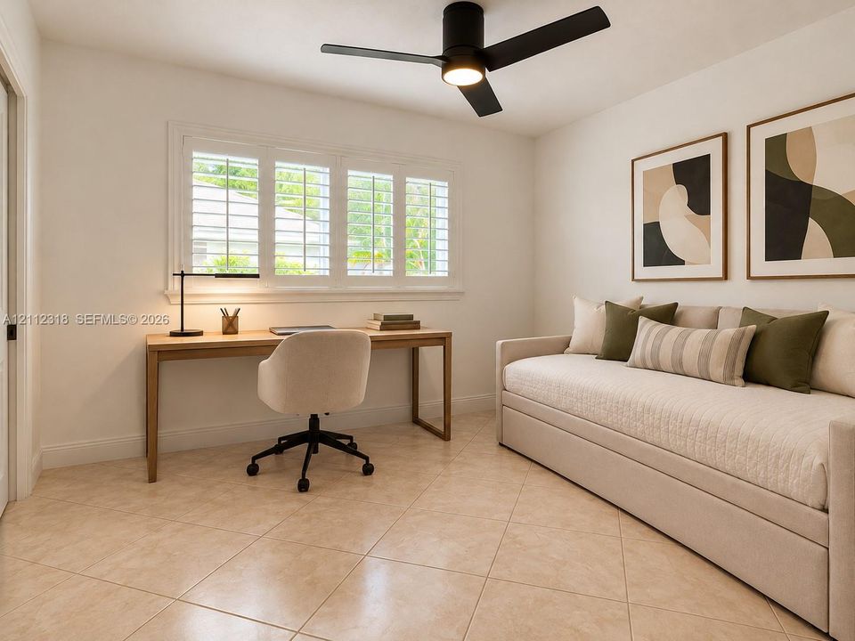 Neutral-toned tile flooring, white plantation shutters, and a matte black ceiling fan with integrated LED lighting