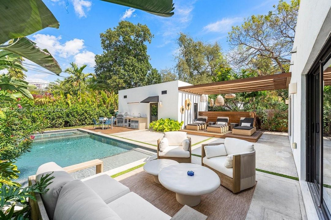 Backyard featuring an in-ground swimming pool, concrete patio, built-in outdoor kitchen, and wooden pergola