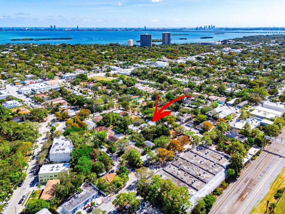Aerial perspective of a residential lot featuring mature tree canopy, extensive vegetation, and coastal water proximity