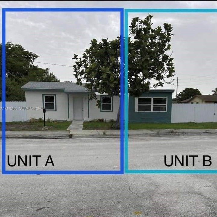 Exterior featuring two distinct structures, each enclosed by white vinyl privacy fencing and positioned along a paved street