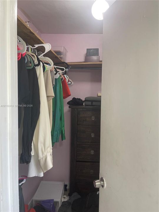 Walk-in closet featuring upper wooden shelving and a flush-mount overhead light fixture