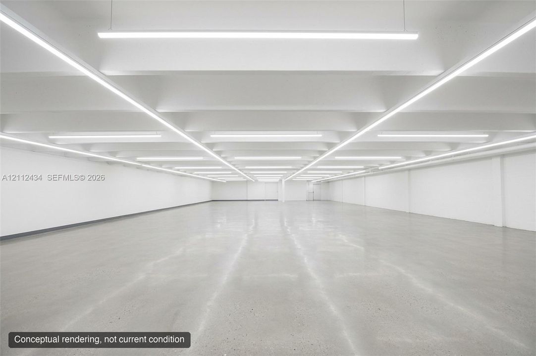 Ground floor, concept with polished concrete. Conceptual rendering, not current condition