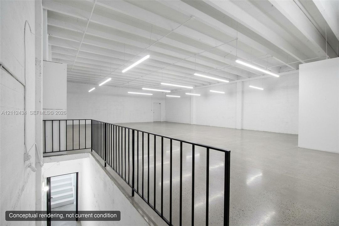 Second floor, concept with polished concrete. Conceptual rendering, not current condition