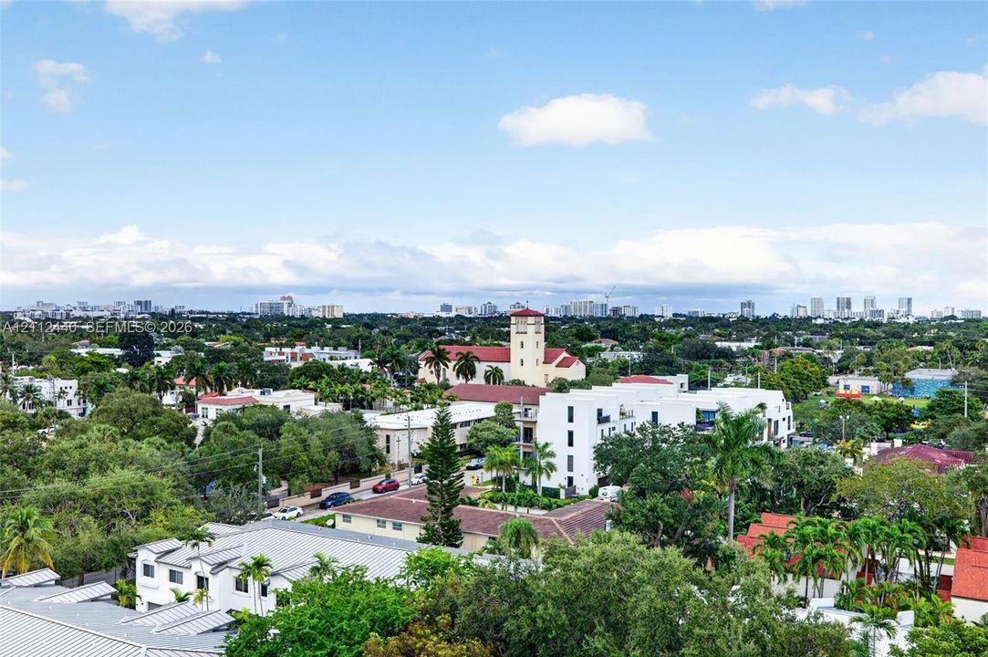 Elevated perspective featuring expansive neighborhood scenery, mature canopy trees, and distinctive regional architecture