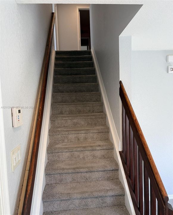 Staircase featuring neutral-toned carpeting, dark stained wood handrails, and vertical balusters