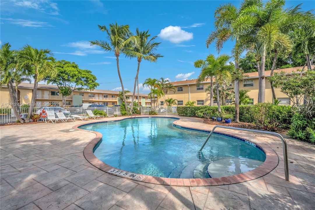 In-ground swimming pool featuring a curved concrete deck, integrated entry steps, and metal safety handrail, surrounded by mature palm trees and landscaping