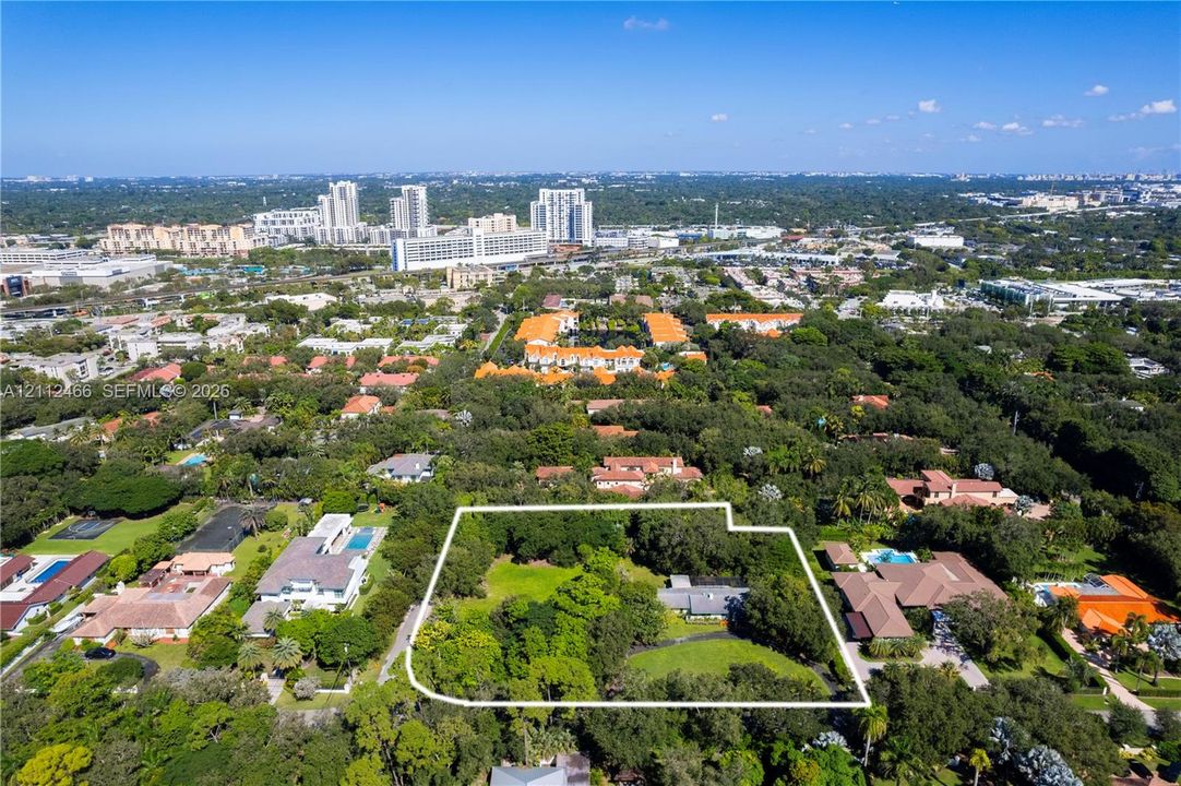Aerial perspective of a sprawling lot featuring mature tree canopy, open green space, and a low-profile residential structure