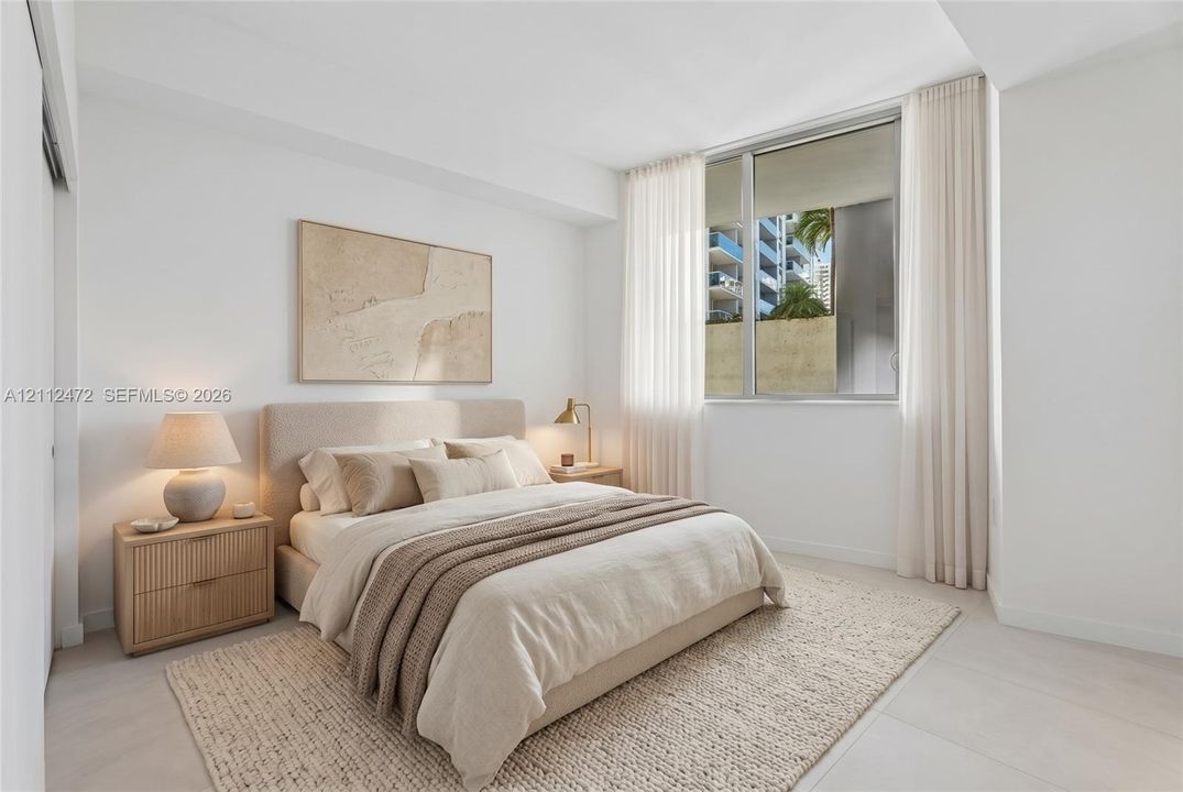 Bright room featuring large-format tile flooring, expansive window, and neutral wall finishes. VIRTUALLY STAGED