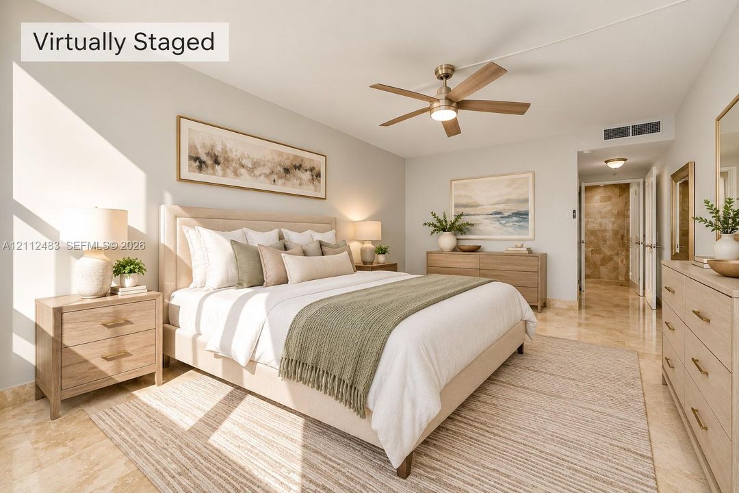 Polished stone flooring, brushed nickel ceiling fan with integrated lighting, and neutral-toned wall paint