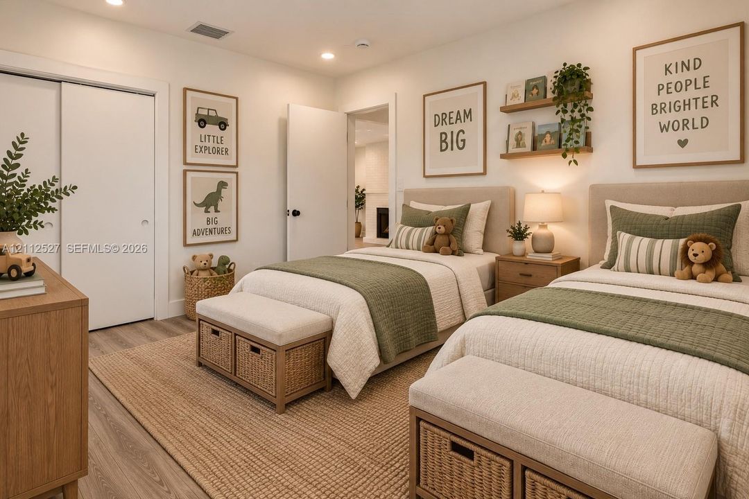 Neutral-toned interior featuring wood-finish flooring, recessed lighting, dual sliding-door closet, and wall-mounted shelving