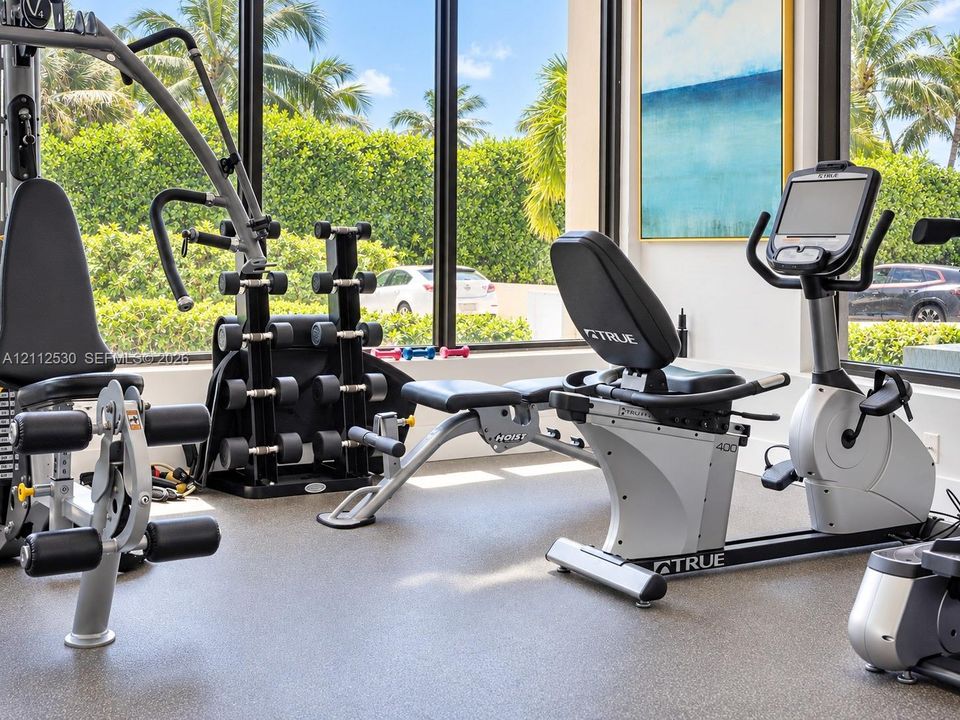 Fitness space featuring floor-to-ceiling windows and impact-resistant flooring