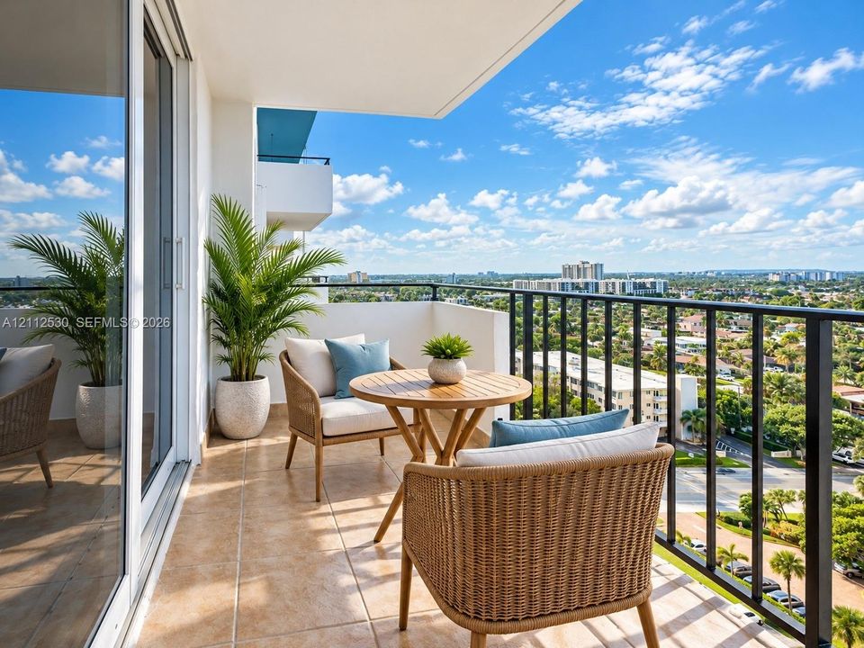 Private balcony featuring tile flooring and a black metal railing