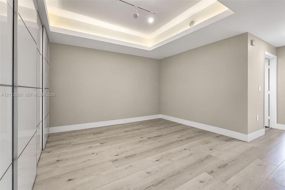 Tray ceiling featuring recessed lighting, wood-finish flooring, and floor-to-ceiling built-in cabinetry with a glossy finish