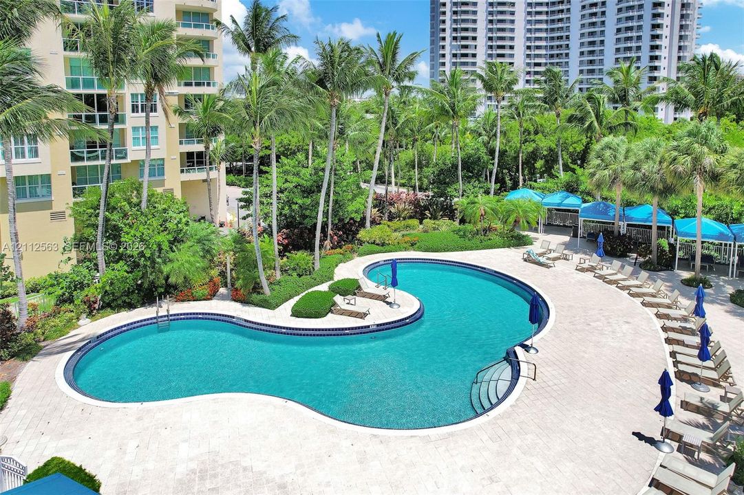 Freeform swimming pool with a stone paver deck, integrated landscaping, and mature palm trees