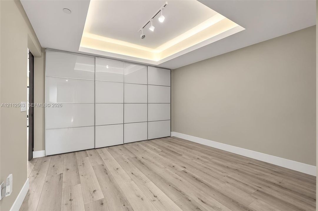 Room featuring wood-finish flooring, built-in floor-to-ceiling white panel cabinetry, and a tray ceiling with recessed perimeter lighting and track lighting