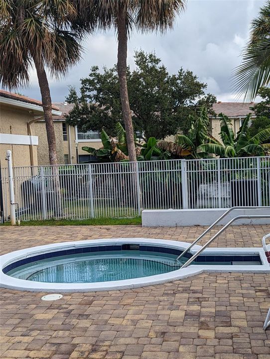 In-ground spa with a tiled surround, paver patio, metal perimeter fencing, and mature palm trees