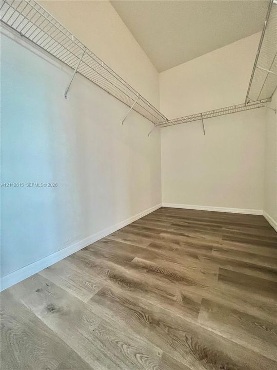 Walk-in storage space featuring wood-finish flooring and tiered wire shelving