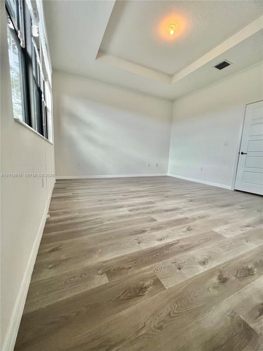 Tray ceiling with a recessed center, wood-finish flooring, and a multi-panel interior door