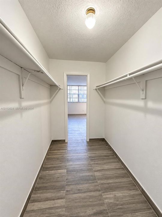 Walk-in closet featuring wood-finish tile flooring, dual-sided built-in shelving, and a ceiling-mounted light fixture