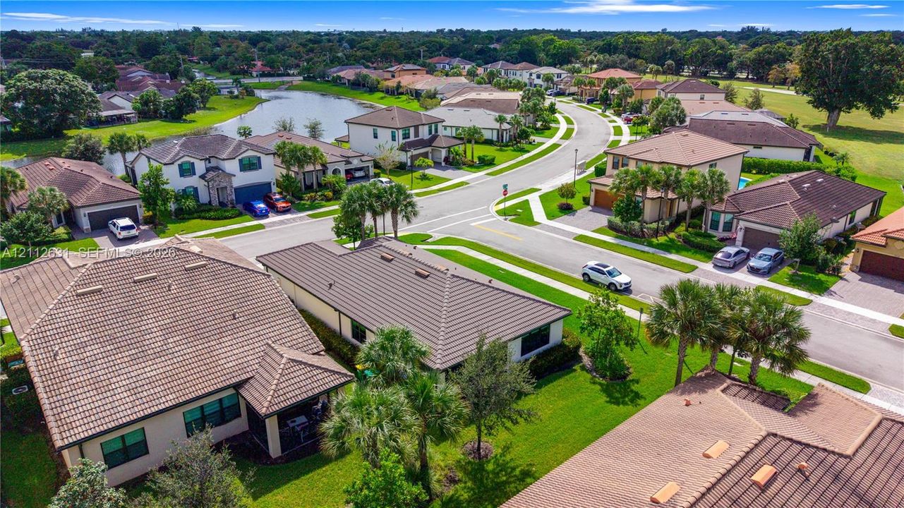 Aerial perspective of a residential neighborhood featuring tiled rooflines, manicured lawns, mature palm trees, and a central pond