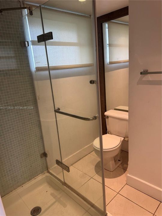 Glass-enclosed shower with mosaic tile surround, ceramic floor tiling, and a standard-height porcelain toilet