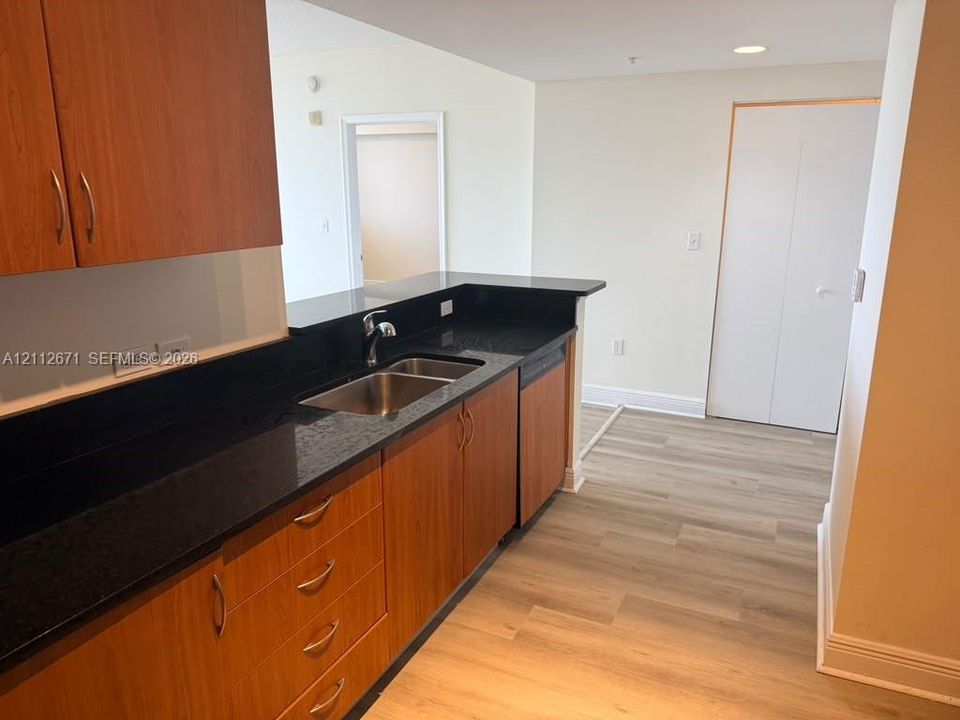 Kitchen featuring wood-finish cabinetry, dark stone-style countertops, an undermount double-basin stainless steel sink, a built-in dishwasher, and wood-finish flooring