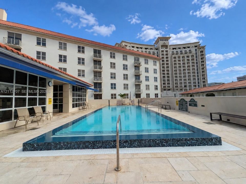 Outdoor swimming pool featuring a dark tile waterline, stone-finish pool deck, and metal ladder railings
