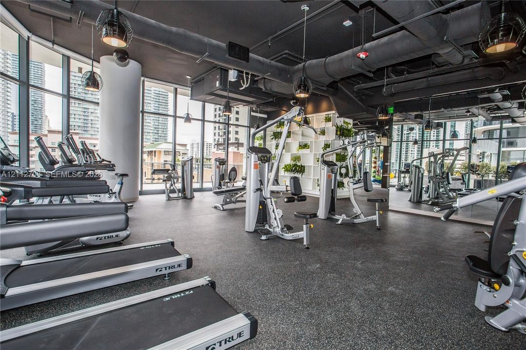 Fitness center featuring floor-to-ceiling windows, exposed ductwork, rubberized flooring, industrial-style pendant lighting, and built-in shelving with integrated greenery