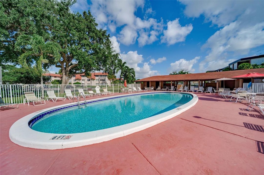 Oval swimming pool with a white coping border, tiled waterline, and a wide paved deck surrounded by metal fencing and mature trees