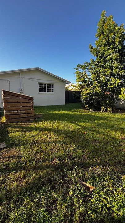 Backyard area featuring a grass lawn, mature trees, and a wooden storage structure
