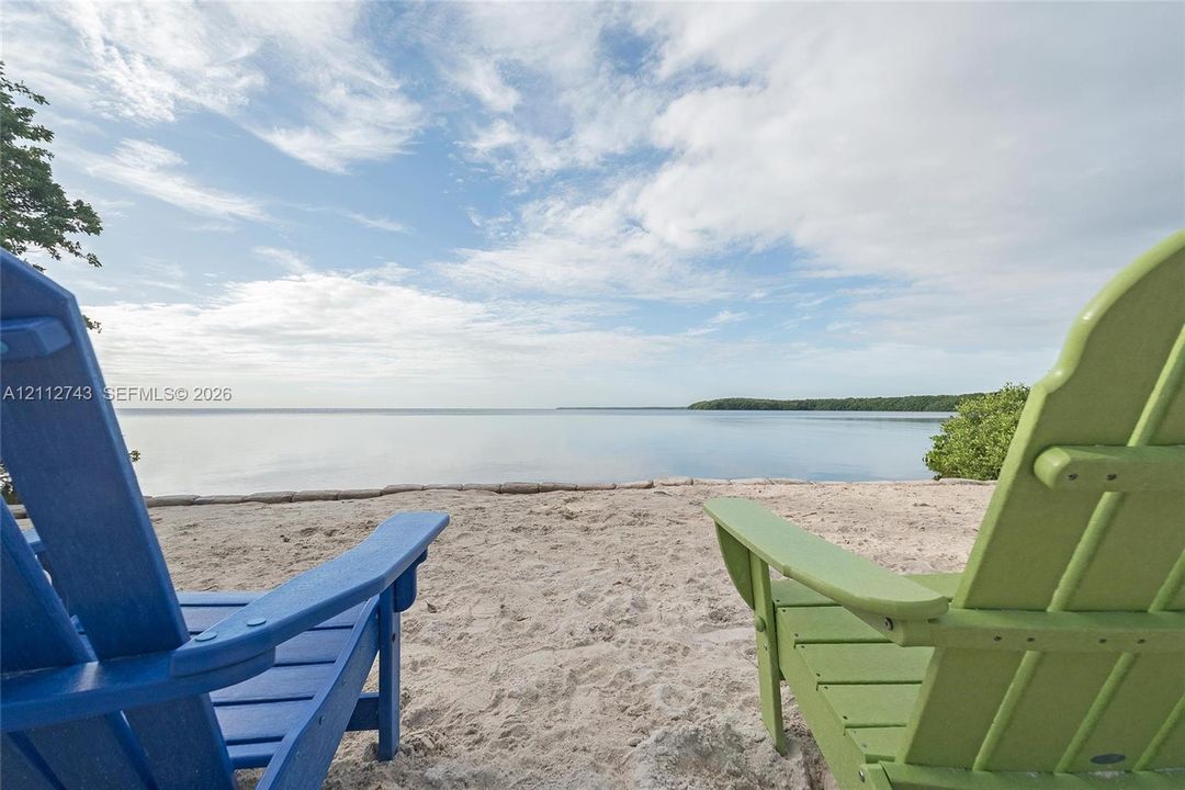 Private waterfront sand beach with mature shoreline vegetation