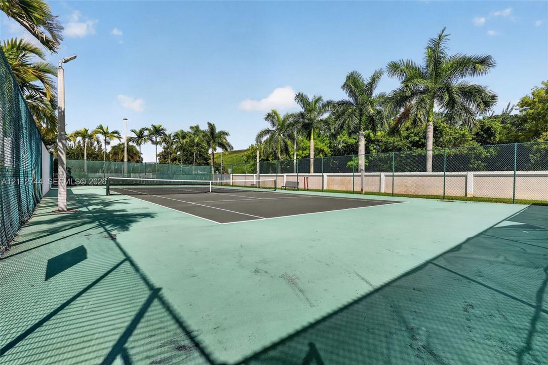 Tennis court featuring a paved playing surface, perimeter chain-link fencing, high-mast lighting, and mature palm trees
