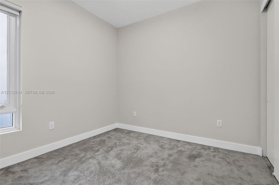 Neutral-toned interior space featuring plush carpeting, soft gray wall paint, and a single-pane vertical window with integrated blinds