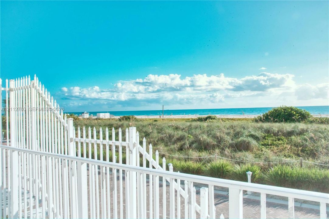 White picket fencing bordering a paved surface with coastal vegetation and ocean frontage