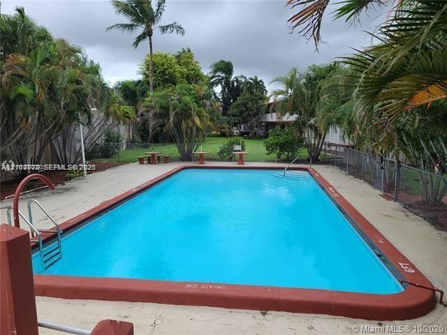 Rectangular in-ground swimming pool featuring a terra cotta border, metal entry ladder, and concrete pool deck, situated on a grassy lot with perimeter chain-link fencing and mature palm trees